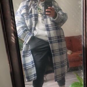 H&M Gray and Blue Plaid Coat-Oversized